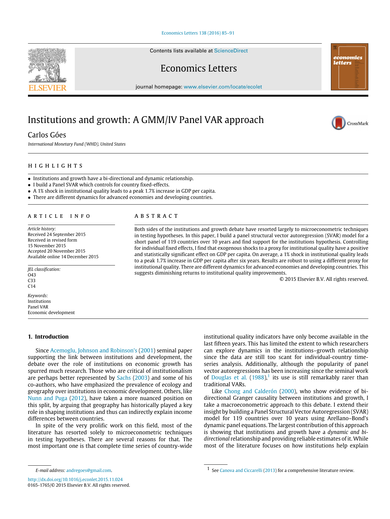 Goes (2016), Economics Letters 138 - first page